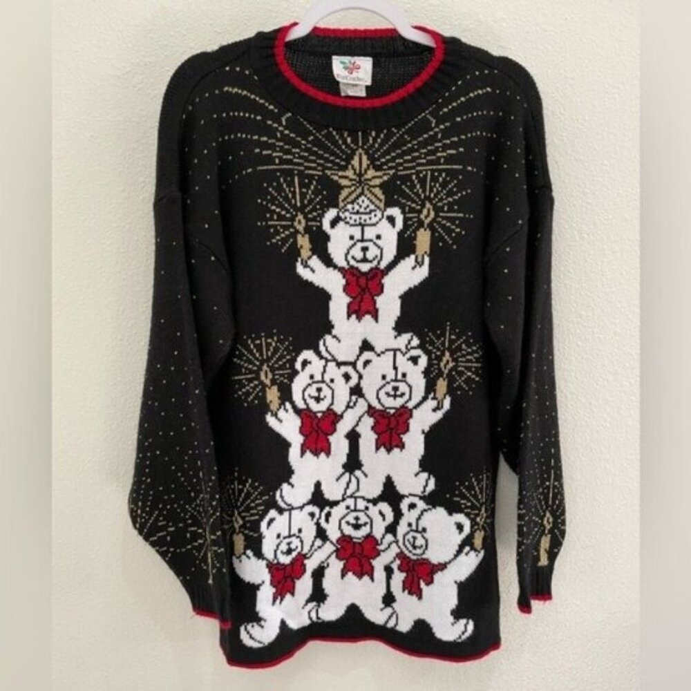 Vintage Teddy Bear Christmas Sweater Kitschy Holiday Relaxed Fit Fun